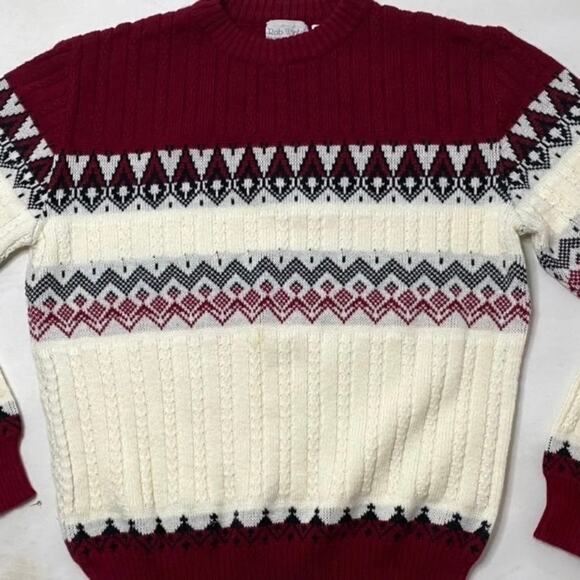 Vintage Maroon Cream Fair Isle Acrylic Knit Pullover Sweater Sz Small - Picture 7 of 14